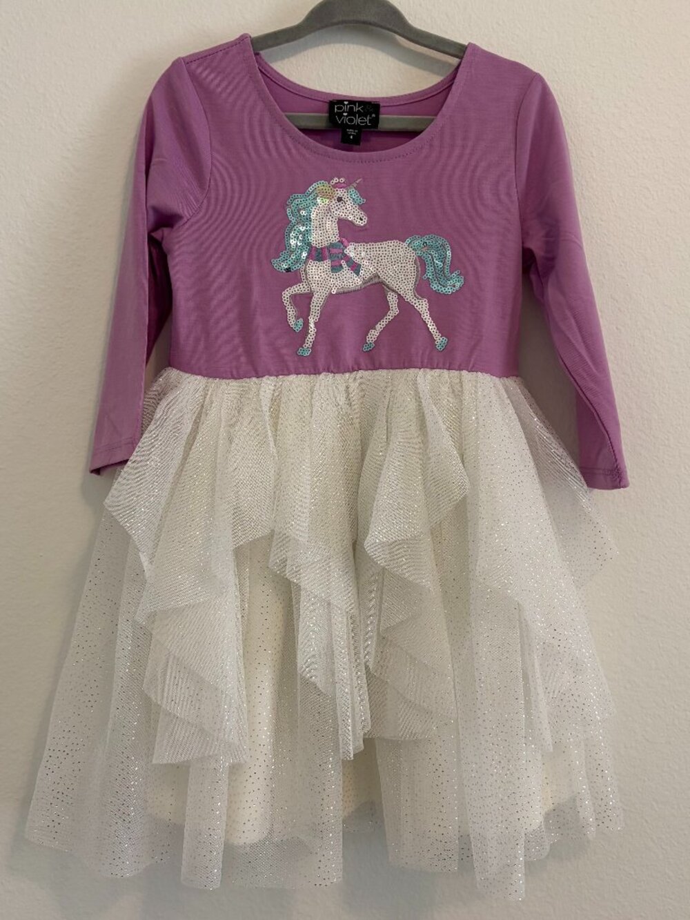 NWOT Pink & Violet Purple Long Sleeve Twirly Tulle Dress Sequin Unicorn Sparkle